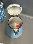 3 Enamelware Coffee Pots and Small Lidded Jug - 10" of tallest - some wear, chipping