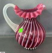 Fenton Cranberry Glass Optic Spiral Swirl Pitcher and Small Cranberry Ruffled Edge Pitcher - 8" of tallest