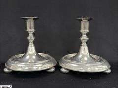 Set Of 4 Pewter Candlestick Holders With Removable Clear Glass Hurricane Shades, Missing One, Bases Are Marked With Stamps. 12.5" Tallest.