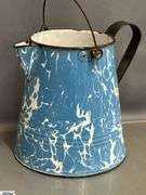 3 Enamelware Coffee Pots and Small Lidded Jug - 10" of tallest - some wear, chipping
