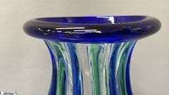 Pair of Blue and Green Hand Made Vases, Signed Archimede Seguso, Tallest 13.5"