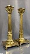 Two Brass Column Style Candle Sticks With Square Bases 16.5"