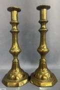 4 Brass Candle Sticks, Early English Push Up Styles, Tallest 10"