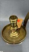 2 Brass Candle Holders, Push up With Large Drip Pan 11" Across 5.5" Tall, and Extended Handle on The Other