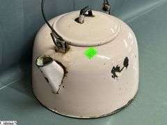 Pink Enamel Kettle - 10" x 6.5" - some wear, chipping