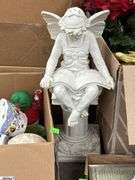 SKID of Boxed Lots, Garden Statue, Parlor Chair Plant Stand, Angels, Ornaments, Bells, Milk Glass Baskets, Figural Bells, Frames, Art Glass Paperweights, SKID is Not Included