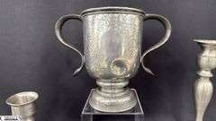 4 Weighted Pewter Candle Holders, Rough Shape Double Handle Trophy Style Cup, One Is Damaged Tallest 8.25"