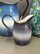 3 Enamelware Pitchers - Swirl and Ombre - 11" of tallest - some wear, chipping