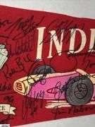 Indianapolis Speedway Autographed Pennant.  Autographs include Jim Nabors, Tom Sneva, Johnny Rutherford, Michael Andretti, Robby Buell, Eddie Cheever, Billy Boat, Rodger Ward, Poncho Carter, Jim Rathmann, Robby Unser, Scott Goodyear and Others
