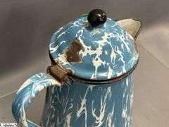 4 Blue and White Enamel Swirl Large Coffee Pot, Milk Jug, 2 Coffee Pots - Some wear/chipping - 12" of tallest