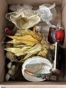 SKID of Boxed Lots, Garden Statue, Parlor Chair Plant Stand, Angels, Ornaments, Bells, Milk Glass Baskets, Figural Bells, Frames, Art Glass Paperweights, SKID is Not Included
