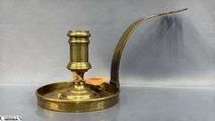 2 Brass Candle Holders, Push up With Large Drip Pan 11" Across 5.5" Tall, and Extended Handle on The Other