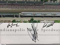 Indianapolis Motor Speedway 40" X 13.5" Areal Photo with Autographs.  Signatures Include Andy Hillenburg, Paul Goldsmith, Johnny Rutherford, DIZ, John Martin, and Many Others.