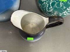 3 Enamelware Pitchers - Swirl and Ombre - 11" of tallest - some wear, chipping