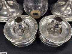 Set Of 4 Pewter Candlestick Holders With Removable Clear Glass Hurricane Shades, Missing One, Bases Are Marked With Stamps. 12.5" Tallest.