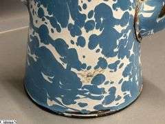 4 Blue and White Enamel Swirl Large Coffee Pot, Milk Jug, 2 Coffee Pots - Some wear/chipping - 12" of tallest