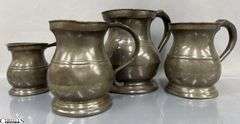 4 J. Abbot Pewter Tankards Some Dents, Tallest 6"