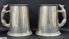 Pair of Sheffield Pewter Tankards With Fox Handles and Clear Bottom 5"