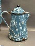 4 Blue and White Enamel Swirl Large Coffee Pot, Milk Jug, 2 Coffee Pots - Some wear/chipping - 12" of tallest