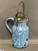 3 Swirl Enamelware Coffee Pot and Milk Jugs - 9" of tallest - some wear, chipping