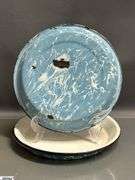 3 Swirl Enamel Pot, Bowl, 2 Pots - 2 Enamelware Plates - Some wear, chipping - 10" of plate