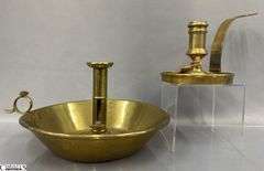 2 Brass Candle Holders, Push up With Large Drip Pan 11" Across 5.5" Tall, and Extended Handle on The Other