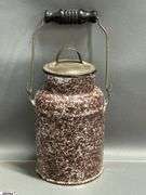 3pcs Swirl and Spatter Enamelware Milk Jugs - One missing lid - 8" of tallest - Some wear, chipping