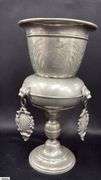 Pewter Guild Cup, Knight Top Engraved “Handwerk der Schmiede Gewidmet”, Some Wear 18” Tall