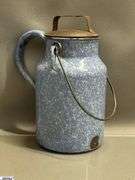 3pcs Swirl and Spatter Enamelware Milk Jugs - One missing lid - 8" of tallest - Some wear, chipping