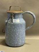 3pcs Swirl and Spatter Enamelware Milk Jugs - One missing lid - 8" of tallest - Some wear, chipping