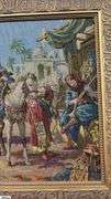 Framed Tapestry, Middle Eastern Marketplace Scene With People, Camels, and Horses Measures 60x24"