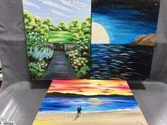 10 Painting Party Canvases, landscapes, Waterfall, Garden Path, Moonlight Scenes Each Measures 16x20"