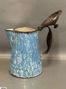 3 Swirl Enamelware Coffee Pot and Milk Jugs - 9" of tallest - some wear, chipping