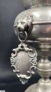 Pewter Guild Cup, Knight Top Engraved “Handwerk der Schmiede Gewidmet”, Some Wear 18” Tall