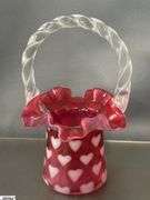 3 Fenton Opalescent Cranberry Heart Motif Glass Pieces - Small Pitcher, Basket, Powder Jar - 6.5" of tallest