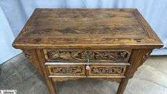 Chinese Carved Three Drawer Table 42.5x24x32.5" Tall Does Have Some Wear From Age