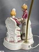Figural Victorian Tea Time Table Lamp With Ruffle Shade, 17"