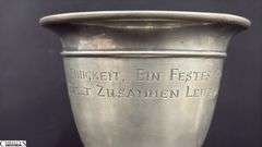 Pewter Guild Cup, Knight Top Engraved “Handwerk der Schmiede Gewidmet”, Some Wear 18” Tall