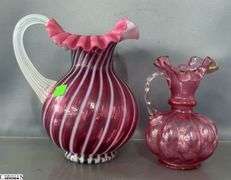 Fenton Cranberry Glass Optic Spiral Swirl Pitcher and Small Cranberry Ruffled Edge Pitcher - 8" of tallest
