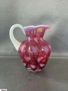 3 Fenton Opalescent Cranberry Heart Motif Glass Pieces - Small Pitcher, Basket, Powder Jar - 6.5" of tallest