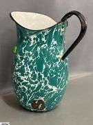 3 Enamelware Pitchers - Swirl and Ombre - 11" of tallest - some wear, chipping