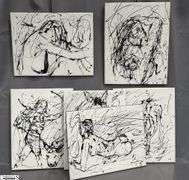 6 pcs Horse and Figural Abstracts, Black Acrylic Paint on White Canvas by Luis Espinoza Each Measure 18x14"