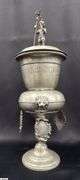Pewter Guild Cup, Knight Top Engraved “Handwerk der Schmiede Gewidmet”, Some Wear 18” Tall