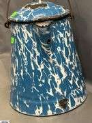 4 Blue and White Enamel Swirl Large Coffee Pot, Milk Jug, 2 Coffee Pots - Some wear/chipping - 12" of tallest