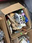 SKID of Boxed Lots, Garden Statue, Parlor Chair Plant Stand, Angels, Ornaments, Bells, Milk Glass Baskets, Figural Bells, Frames, Art Glass Paperweights, SKID is Not Included