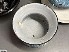 3 Swirl Enamel Pot, Bowl, 2 Pots - 2 Enamelware Plates - Some wear, chipping - 10" of plate