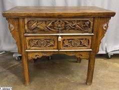 Chinese Carved Three Drawer Table 42.5x24x32.5" Tall Does Have Some Wear From Age