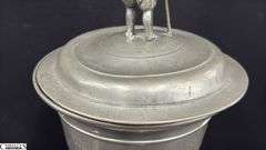 Pewter Guild Cup, Knight Top Engraved “Handwerk der Schmiede Gewidmet”, Some Wear 18” Tall