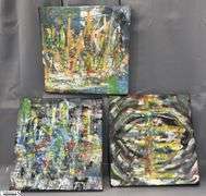 3 Multi Color Abstract Mixed Media and Oil Paintings By Alummoa Zumigo, on Black Canvas, Each Measures 18x17"