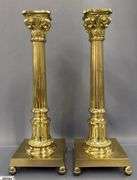 Two Brass Column Style Candle Sticks With Square Bases 16.5" 16.5"
